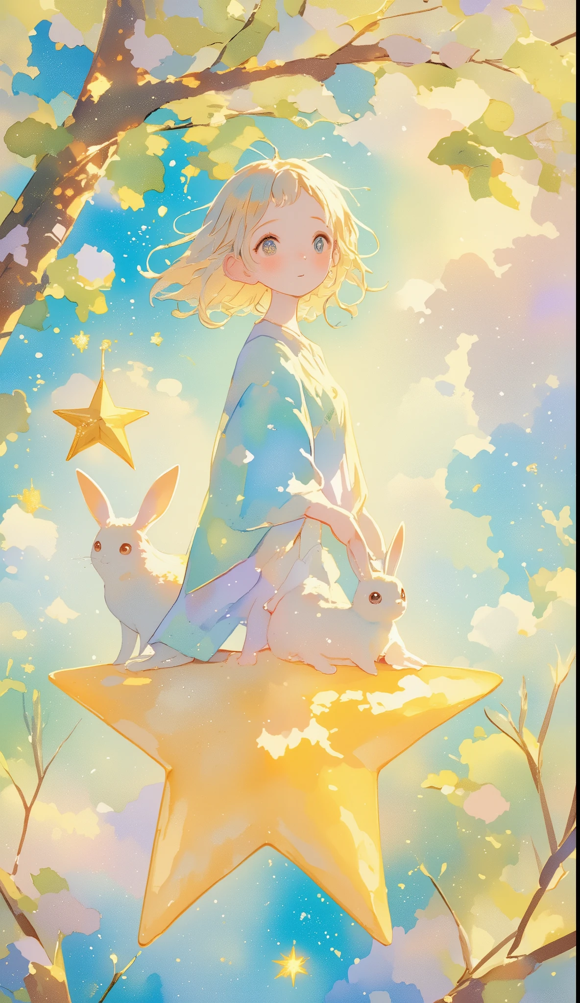 best quality :1.2、Masterpiece:1.2、Dream World、(((A Girl Who Rides on a Star:1.5、 rabbit girl 、Little Star :1.7、 It lives on 、 and can also be used as a LINE icon )))、 COMPLETE ANATOMY 、 It lives on 、 and can also be used as a LINE icon 、 picture book illustration 、 amazing、 watercolor、 pastel colors、Light color