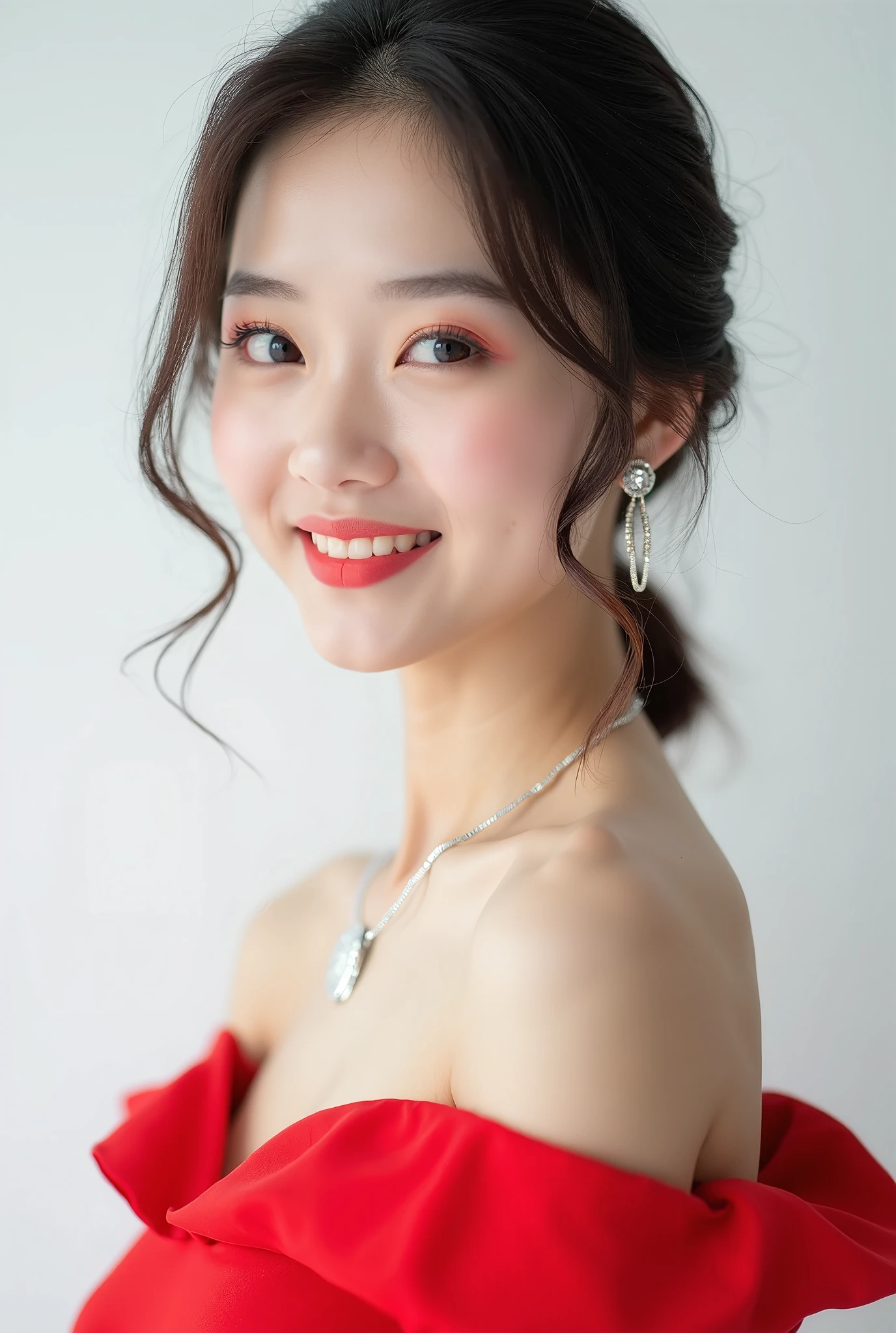 Best quality, masterpiece, high resolution, 1girl, porcelain dress, hair accessories, necklace, jewelry, beautiful face, on the body, Tyndall effect, realistic, dark studio, edge lighting, two-tone lighting, (high detail skin: 1.2), 8k UHD, dslr, soft light, high quality, volumetric light, candid, photo, high resolution, 4k, 8k, background blur,