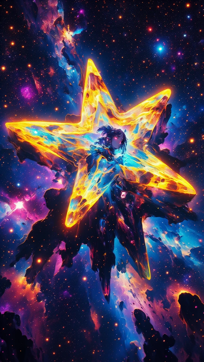 (masterpiece, high quality, high definition, 4k, 8k, detail), girl on star shaped spaceship, punk style girl piloting, girl seen through spaceship window, mach through space, stars stars stars glowing in space, motion blur lines, absurd world, dynamic composition, impossible world, cinematic poster,
