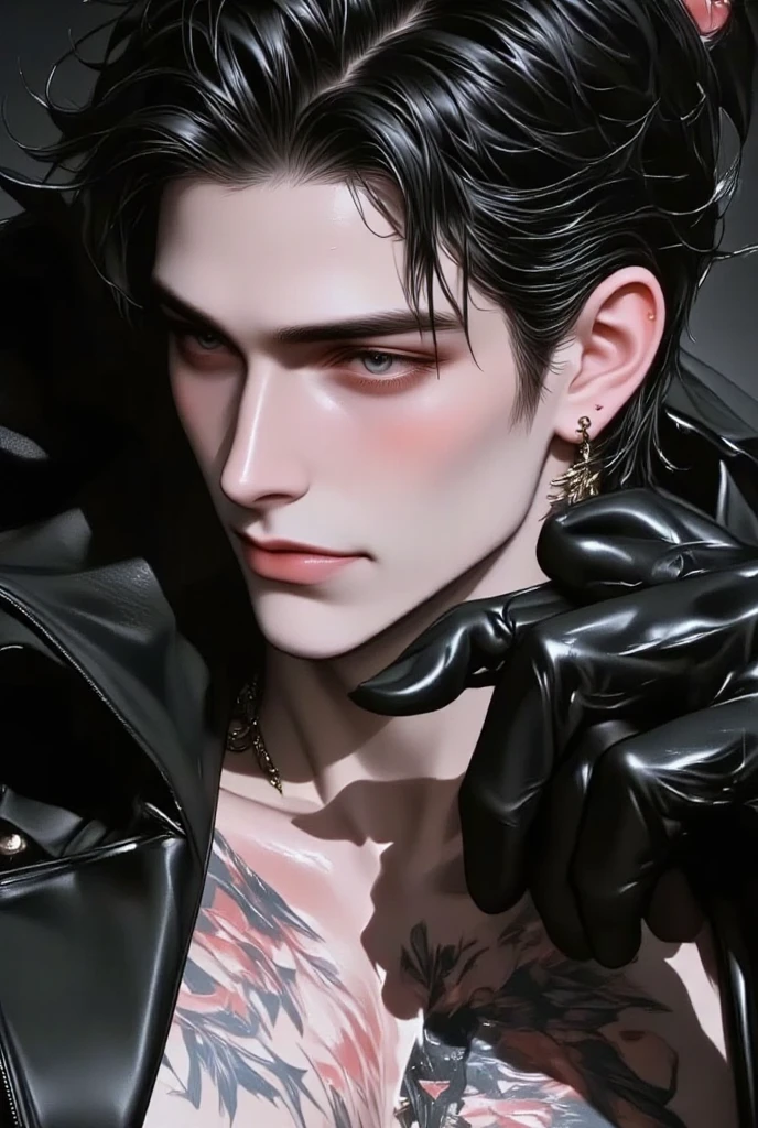 1 man, mesmerizing black eyes, sharp facial features, messy black hair, muscular toned body, wide shoulders, black leather jacket, smirking expression, looking at the camera, sticking out tongue, playing soccer, dark bedroom background,, high quality, masterpiece, photorealistic, hyper detailed, dramatic lighting, cinematic