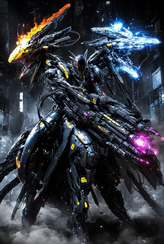 Cybernetic Humanoid with twin dragon-like heads, one head fire, one head ice, sitting on an armored sports motorcycle grasping a heavy machine gun, in a cyberpunk dystopian background