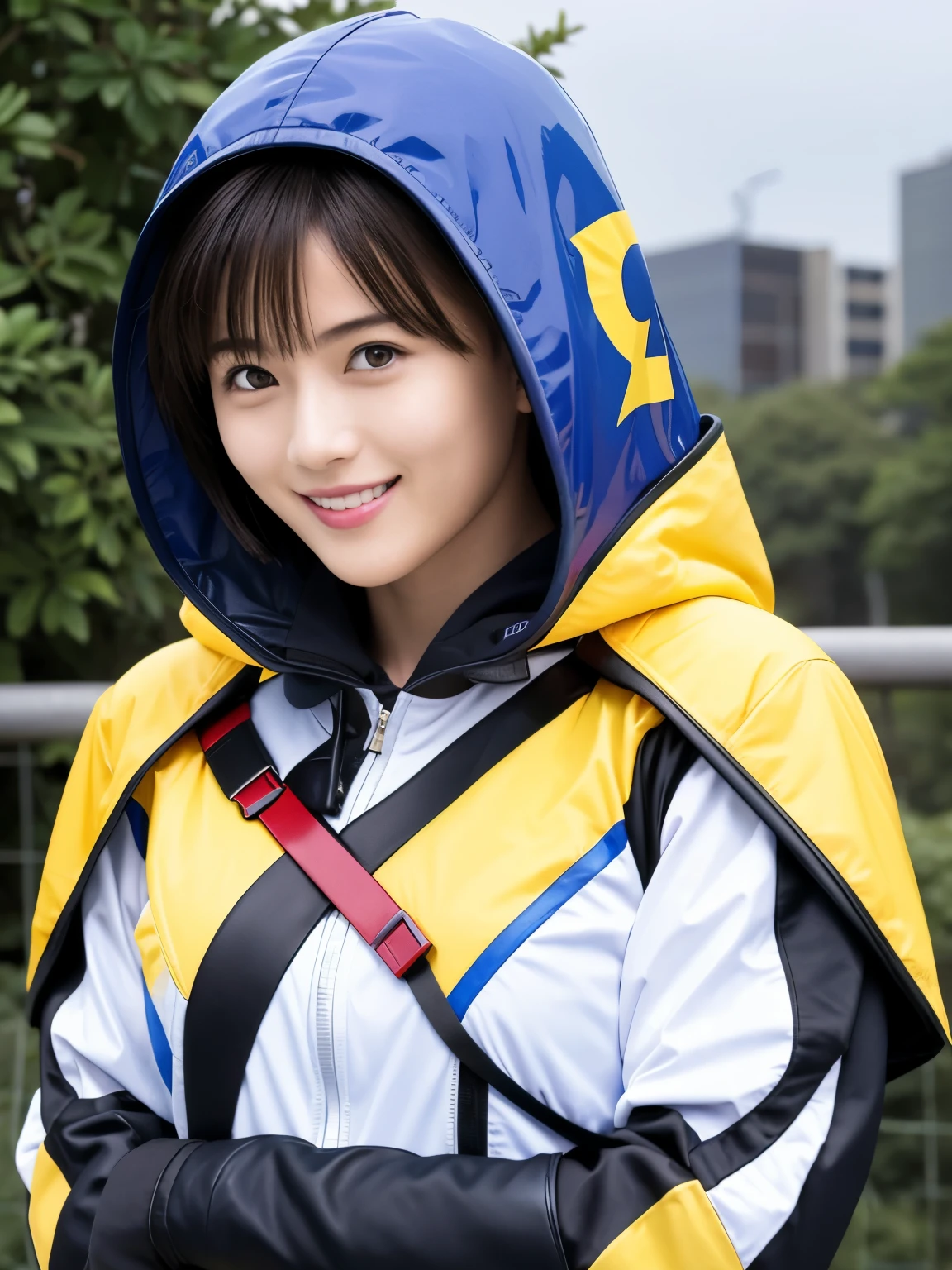 348 (20-year-old female, short hair), ( HD), (smile), (Gatchaman's combat uniform), (beak-shaped transparent hooded helmet), ( abs)