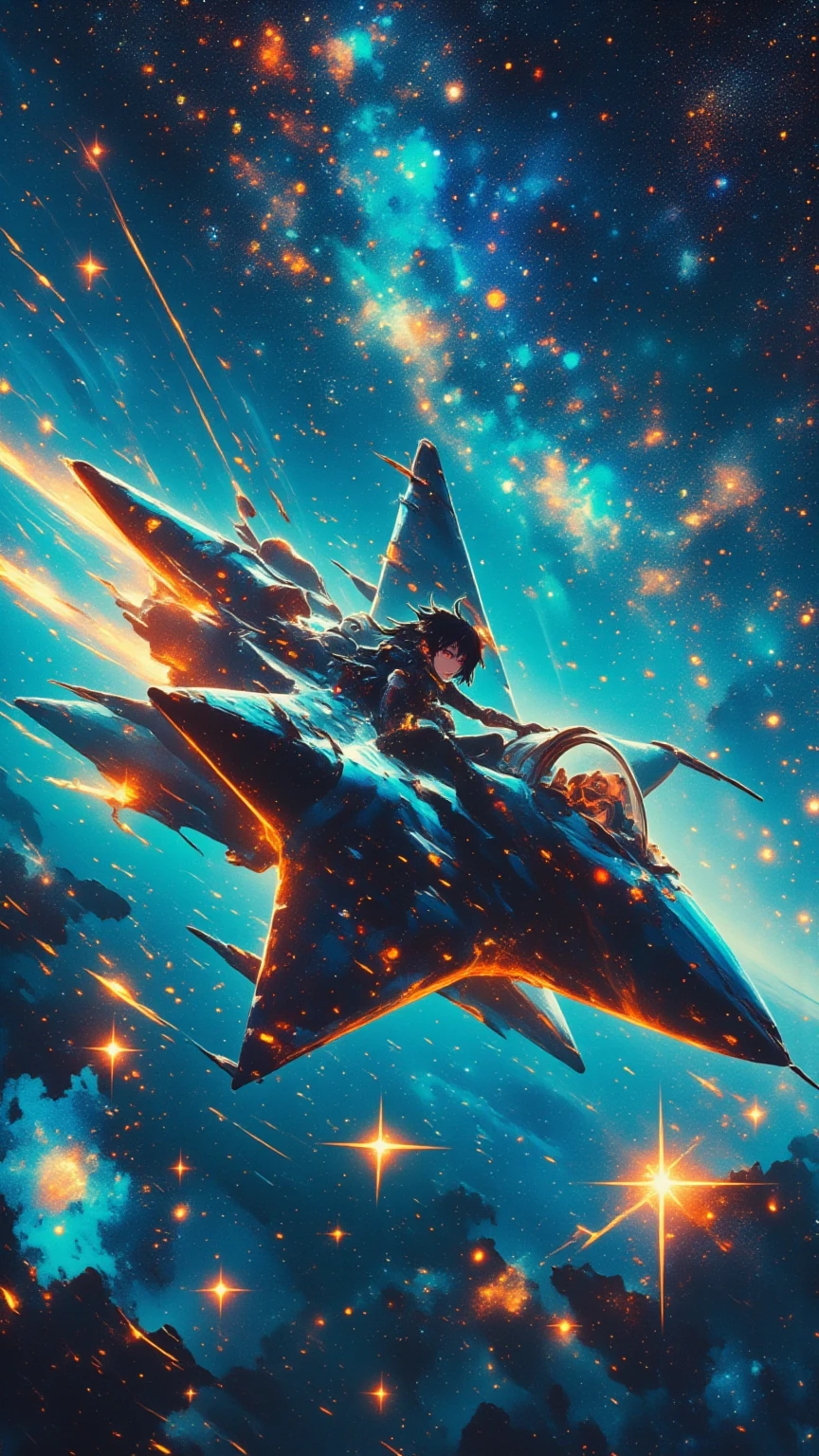 (masterpiece, high quality, high definition, 4k, 8k, detail), girl on star shaped spaceship, punk style girl piloting, girl seen through spaceship window, mach through space, stars stars stars glowing in space, motion blur lines, absurd world, dynamic composition, impossible world, cinematic poster,
