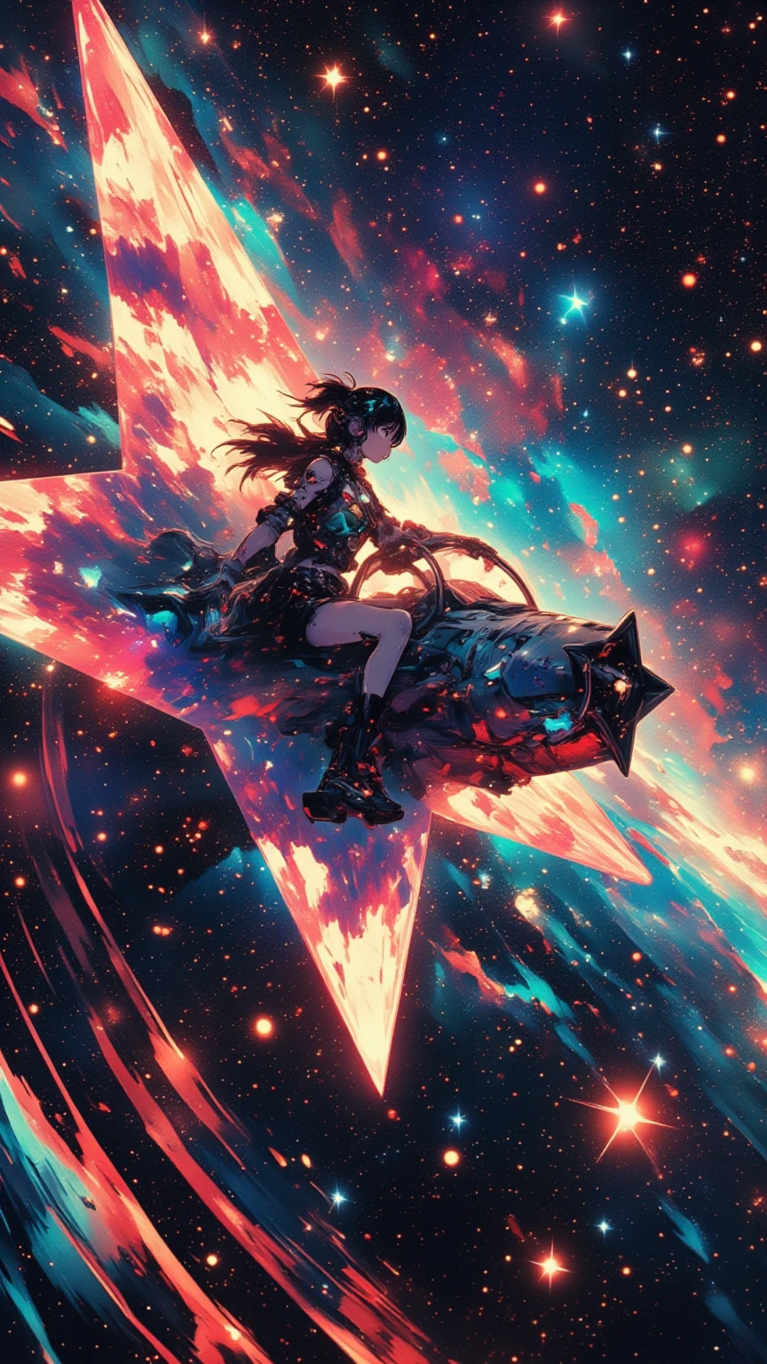 (masterpiece, high quality, high definition, 4k, 8k, detail), girl on star shaped spaceship, punk style girl piloting, girl seen through spaceship window, mach through space, stars stars stars glowing in space, motion blur lines, absurd world, dynamic composition, impossible world, cinematic poster,
