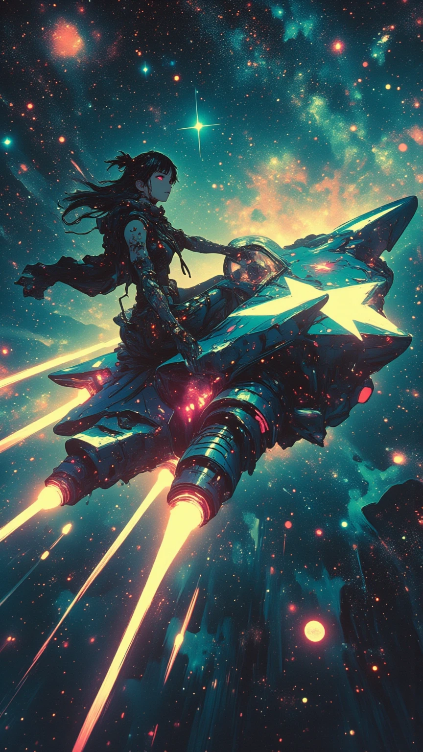 (masterpiece, high quality, high definition, 4k, 8k, detail), girl on star shaped spaceship, punk style girl piloting, girl seen through spaceship window, mach through space, stars stars stars glowing in space, motion blur lines, absurd world, dynamic composition, impossible world, cinematic poster,
