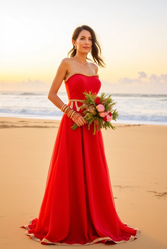 A newlywed Hindu woman standing on a beautiful beach during sunrise. She is wearing an elegant red cocktail gown with gold accents, symbolizing her new marital status. Her sindoor (vermillion) in her hair parting and red bangles (chooda) adorn her hands, along with intricate mehndi designs. She has a subtle smile, and her hair flows gently in the ocean breeze. The tranquil beach has golden sand and gentle waves under a pastel sky, creating a serene and romantic setting. She holds a bouquet of tropical flowers, adding a touch of nature's vibrancy to the scene.