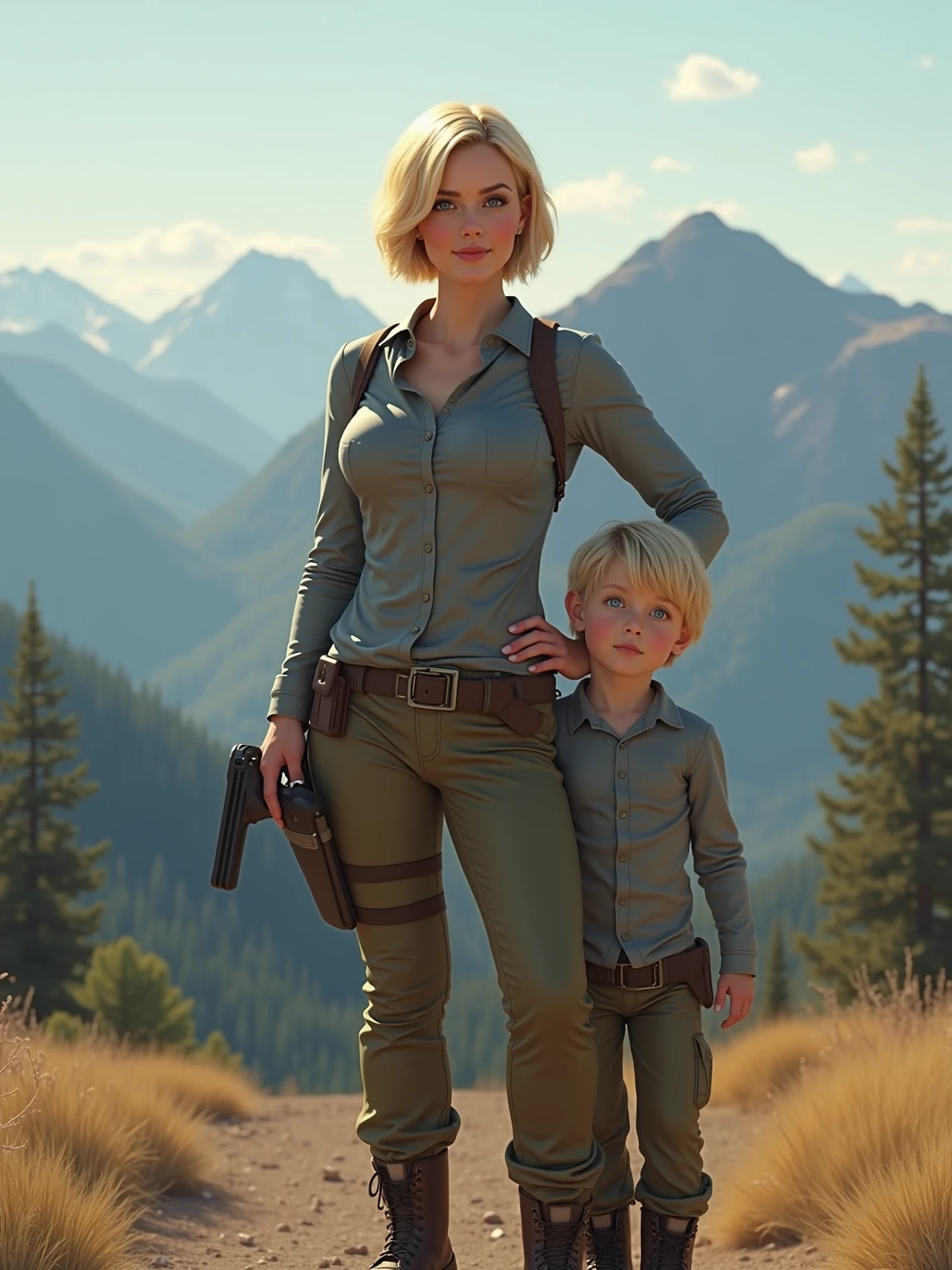 1940s art post, pinup, curvy, Short Blonde hair, 40 year old woman and her son, semi athletic body, 5 foot height, light blue eyes, gray skin tight shirt, khaki tight pants, tactical belt, boots, standing in the mountains,