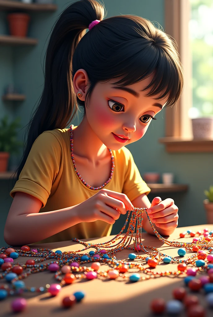 animation of a young woman with long hair, with straight bangs, She has a nose ring and lots of tattoos. He is of medium build, She is sitting on a chair wearing a multi-colored t-shirt and has a box of paints and brushes next to her.. The woman is painting on the cheek of one of the children sitting in front of her. It's a festive atmosphere, There are balloons and the children wait their turn