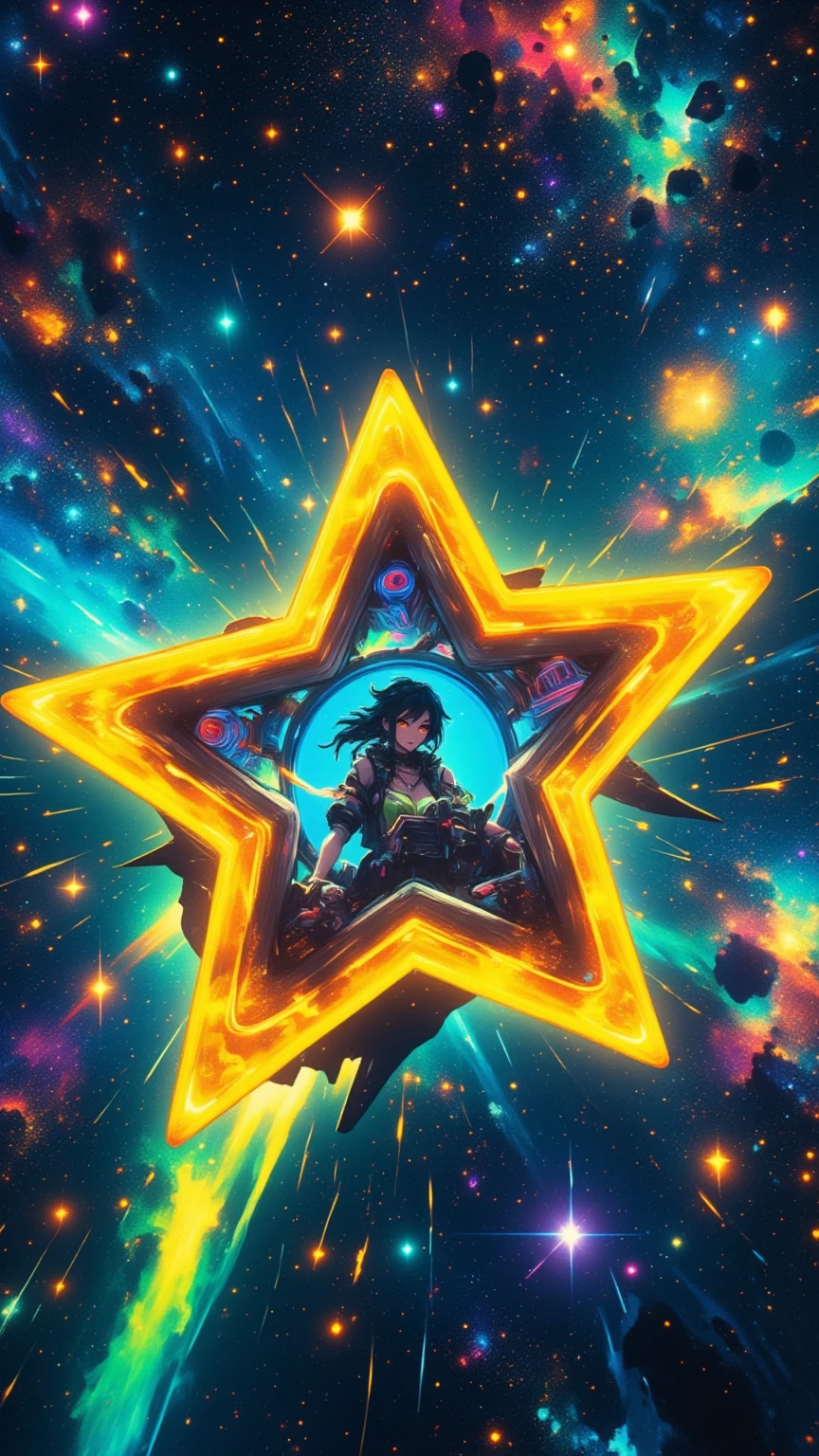 (masterpiece, high quality, high definition, 4k, 8k, detail), girl on star shaped spaceship, punk style girl piloting, girl seen through spaceship window, mach through space, stars stars stars glowing in space, motion blur lines, absurd world, dynamic composition, impossible world, cinematic poster,
