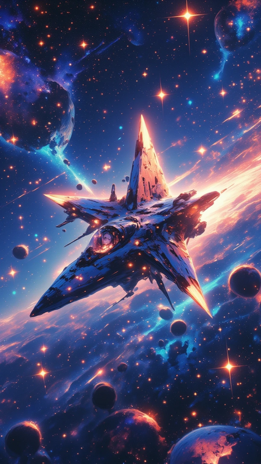 (masterpiece, high quality, high definition, 4k, 8k, detail), girl on star shaped spaceship, punk style girl piloting, girl seen through spaceship window, mach through space, stars stars stars glowing in space, motion blur lines, absurd world, dynamic composition, impossible world, cinematic poster,
