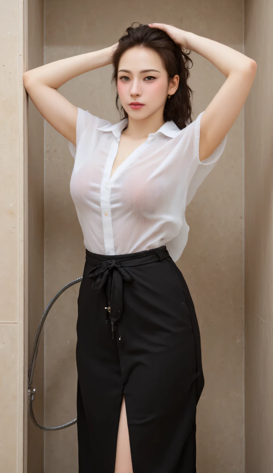a 20 year old woman taking a shower, whole body and wet clothes , standing facing forward, whole body visible, Both hands raised above the head, seductive expression, thick dark red lips , use a short sleeve short sleeve formal shirt in white, lingerie big skirt long to toe black color, sweating a lot, very detailed image quality , using a cross necklace ,