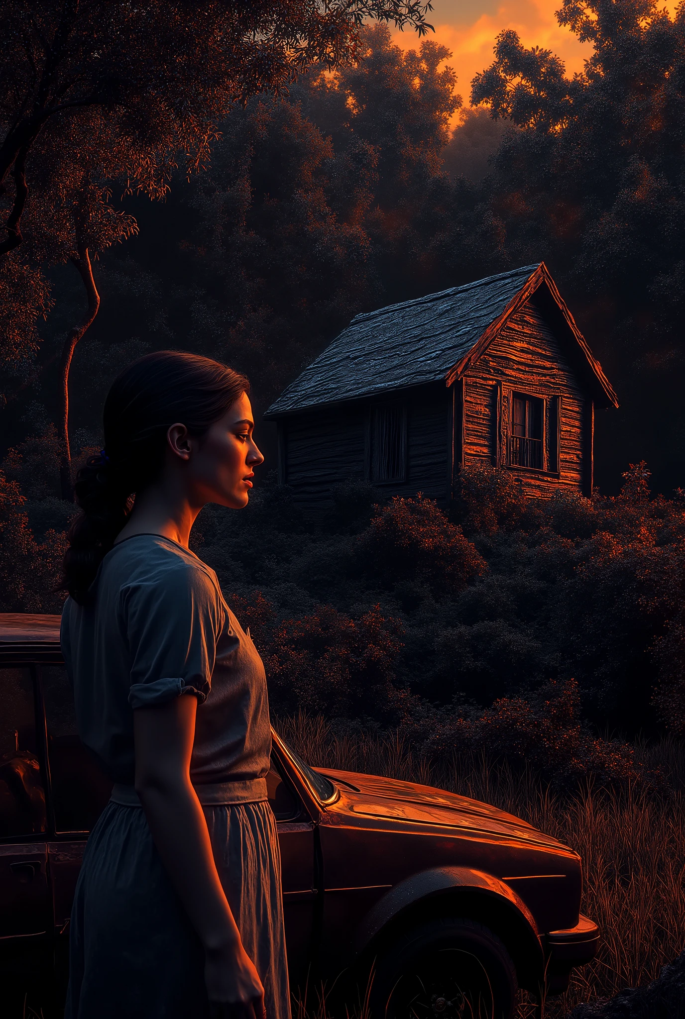 A young woman standing beside her car in front of a lonely cabin surrounded by dense woods at dusk.