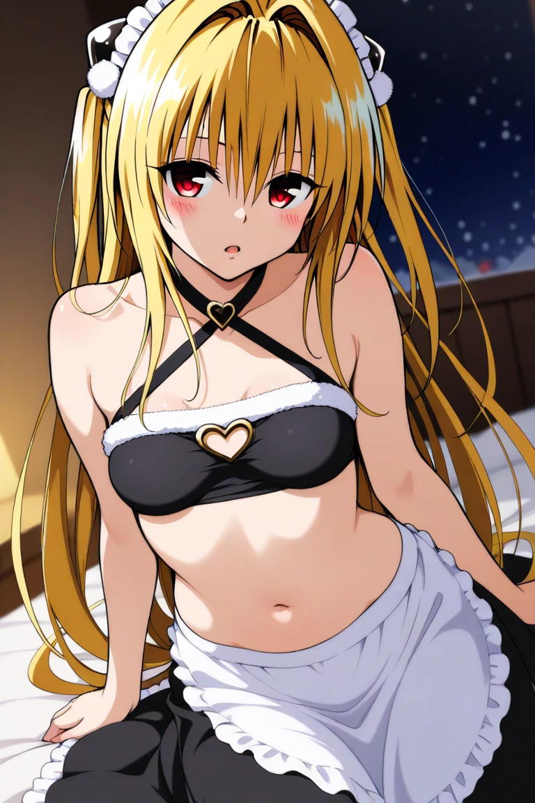 love-ru , konjiki na yami,  1girl,  bare shoulders ,  christmas ,  blond hair ,  style to blush,  breast,  christmas ,   maid with an expressionless face,  suit, not much of an open mouth , eyebrows are hidden by hair,  floating hair ,  hair between eyes ,  hair consumes ,  halterneck,  long hair, большая breast, navel,  red eyes, beautiful background,  anime style, One, lower body shot,  kneels, very  long hair, background on the bed,  masterpiece,  top quality ,  great quality, very aesthetic, aesthetic, absurdres 