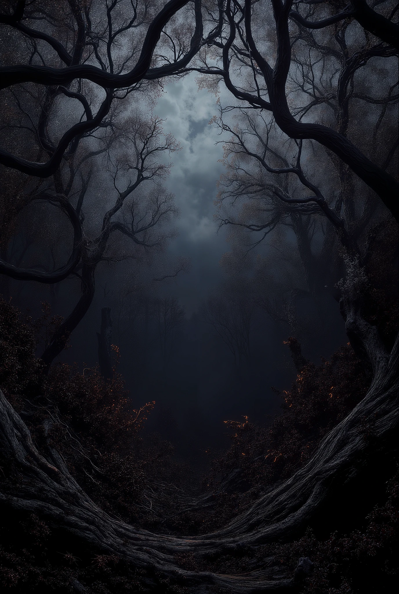 Dense, eerie woods with skeletal branches reaching toward a gray, overcast sky.