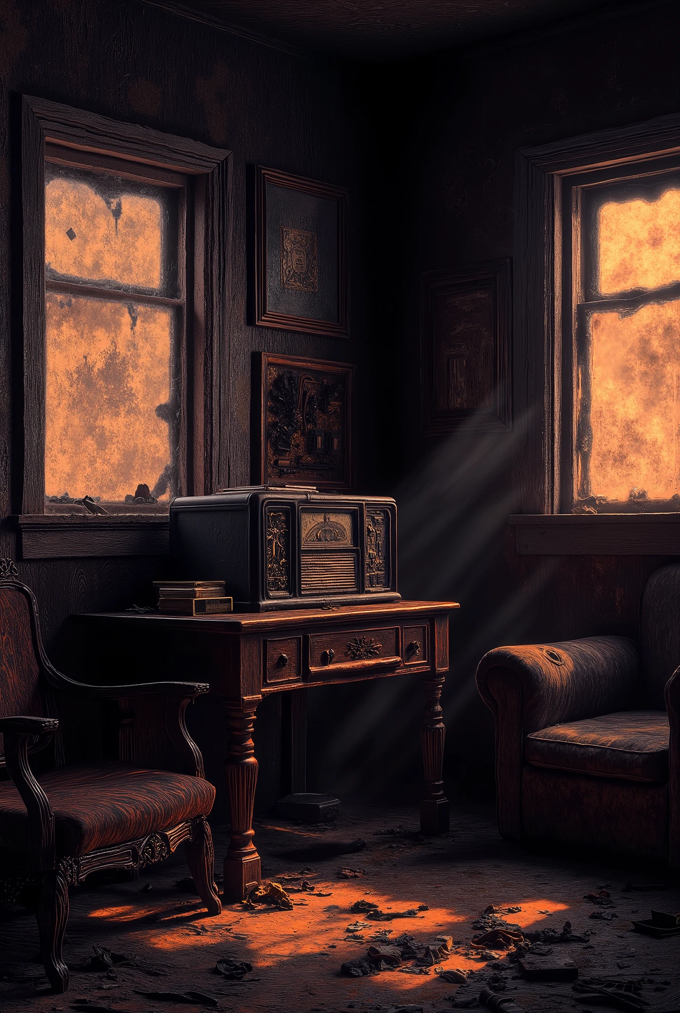 Interior of a cozy but dusty cabin, featuring an old radio on a table and faded furniture.