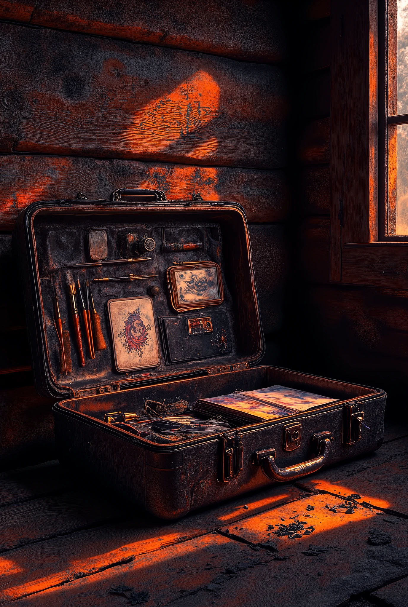 A suitcase on the cabin floor, partially open with art supplies inside.