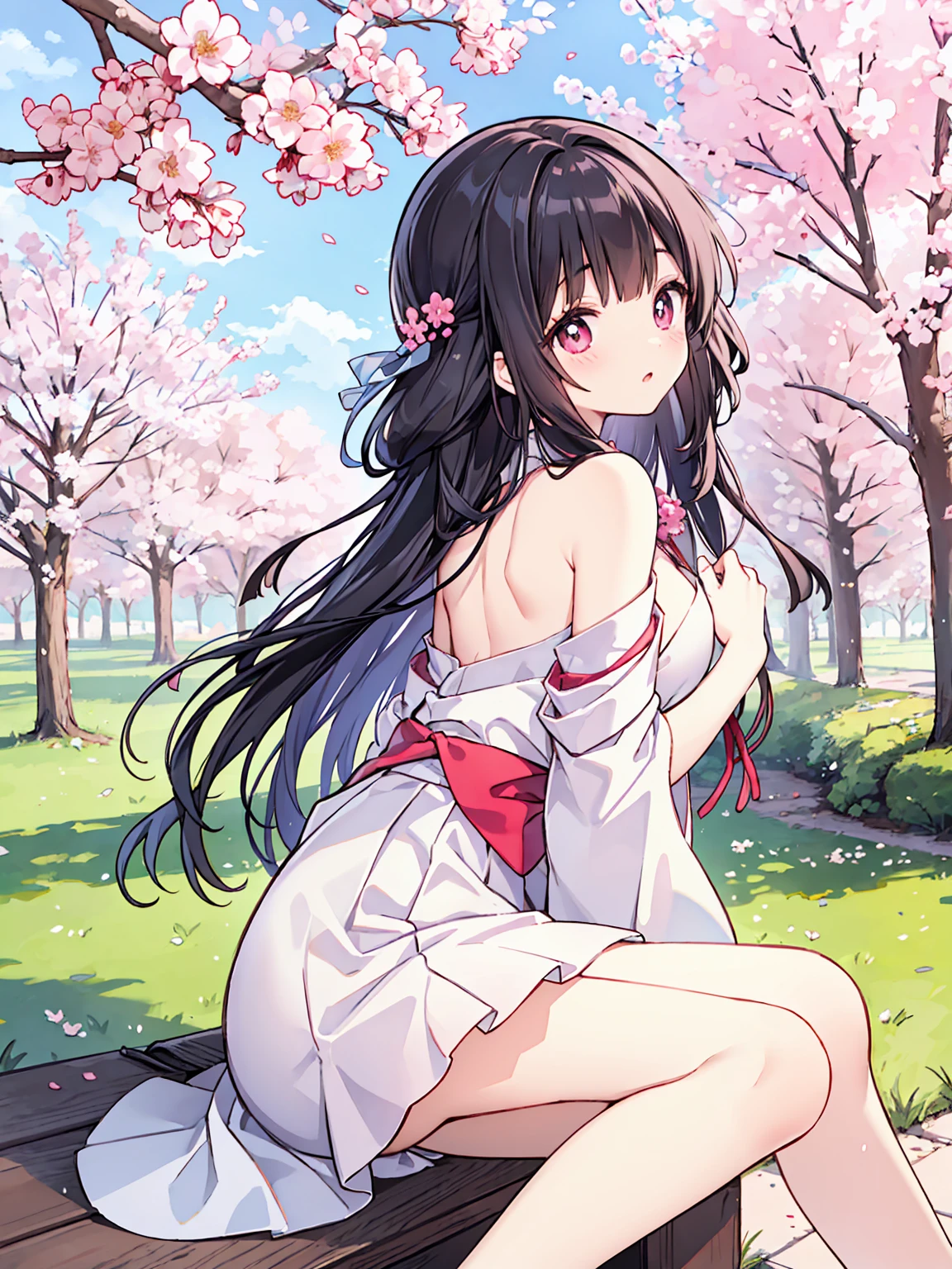 Nardack style lora,  a young high school woman with a petite body but her chest is quite small but not too small. she is very elegant like a very perfect japanese woman yamato nadeshiko ,  is in the back yard of the school under a huge cherry blossom tree and sits there gracefully and ayu,  her eye color ruby red is dazzling , her pupils are very detailed ,  her dark black hair is long and very detailed 