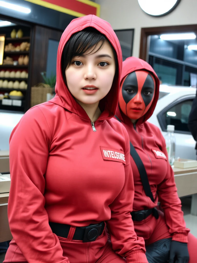Create a character, who wears a red beret on their head, Wear a blue tank top, and on top a red short-sleeved jacket, wear blue pants with red boots, and wear a blue mask that only shows the mouth, wear a symbol on the chest of a paintbrush and have red gloves