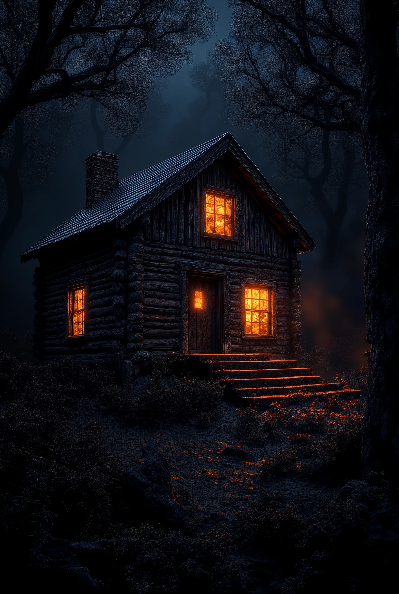 The cabin at night, with the windows glowing faintly and the surrounding woods dark and ominous.