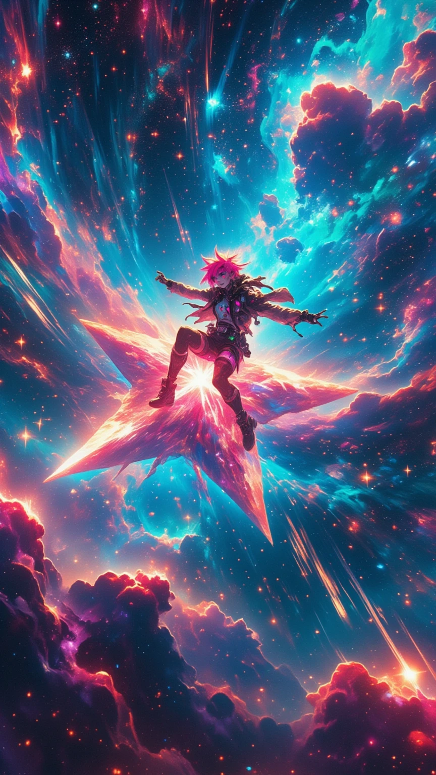 (masterpiece, high quality, high definition, 4k, 8k, detail), girl riding a star, punk style girl riding a star, mach through space, glowing space stars, motion blur lines, absurd world, dynamic composition, impossible world, cinematic poster,
