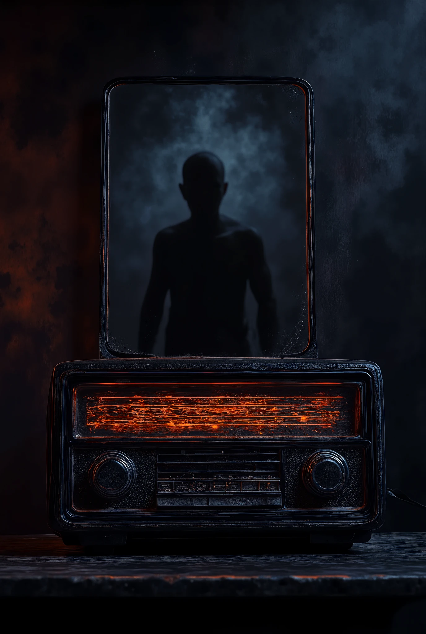 A shadowy figure reflected in the radio’s surface, barely visible.