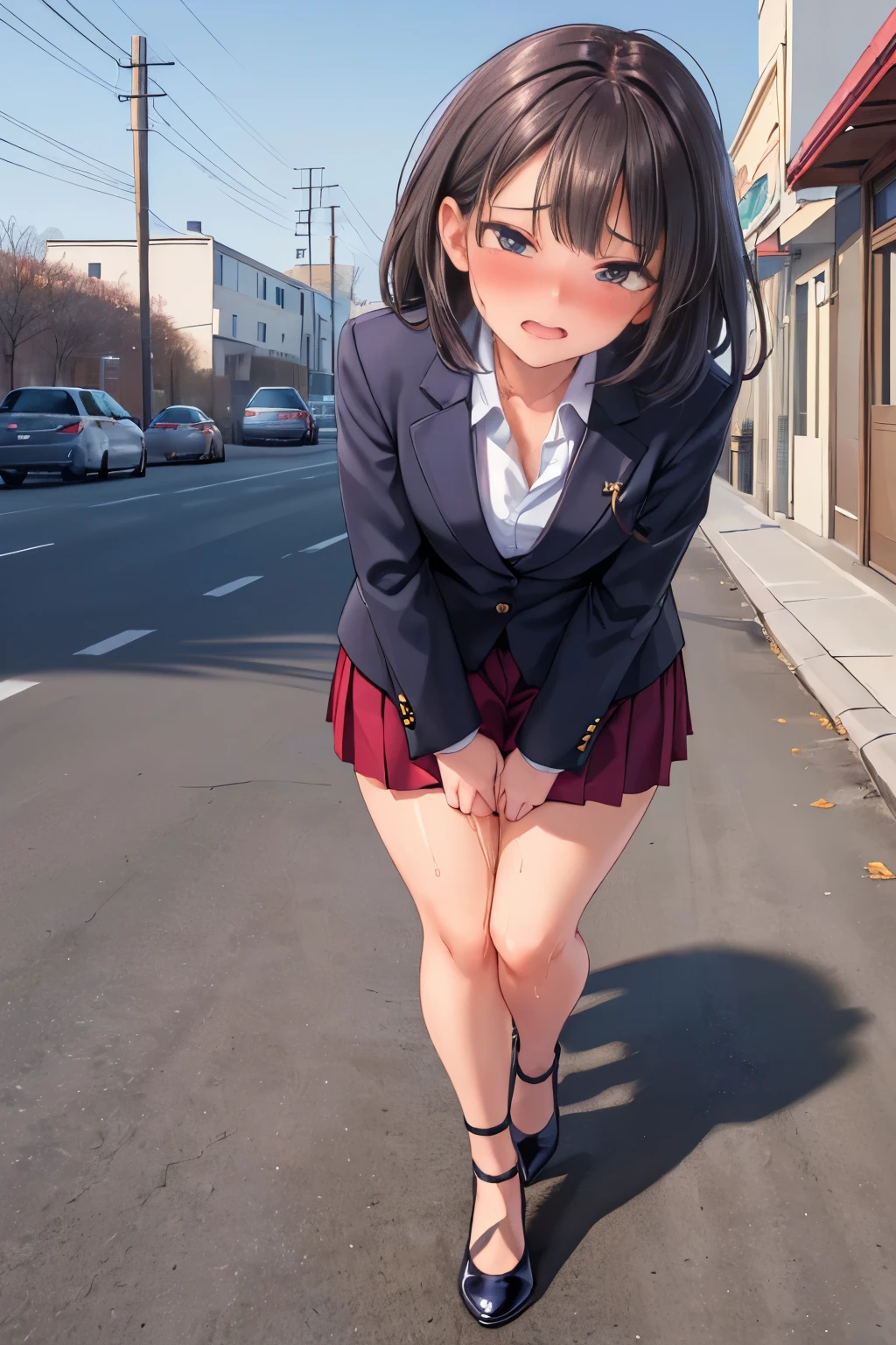 (((masterpiece, Highest quality, High resolution, 超High resolution, Pixel perfect, Written boundary depth, 4K, RTTX10.0))), Beautiful Anime Woman, Beautiful art style, Anime characters, ((Smooth texture, Realistic texture, Anime CG style)), Exact finger count、Exact number of legs、(Exact number of arms:1.0, Exact number of hands:1.0), (Perfect hands, Perfect Anatomy), Cinematic, Realistic, Highly detailed CG, Daytime lighting, Perfect lighting, Best Shadow, The best natural light, whole body, Perfect body, (Slender body:1.2), ((Long Hair, bangs, Dark brown hair, Bobcut)), (Detailed face, Beautiful Face, Beautiful eyelashes), (An adult woman is walking next to me., Lift up your skirt with your hands.:1.4), (Fashionable white shirt, Sailor collar, Navy blue knee socks, loafers, Navy pleated mini skirt:1.3)、Angle from the front, ((Pussy crack:1.3)), (beautiful and big breasts:1.1), (Beautiful and thin thighs:1.3), Feeling embarrassed, (blush:1.2), (Very embarrassed look:1.2), Very patient expression, (Urban hustle and bustle, Buildings on the background, Sidewalk, Intersection in the background, In the background, a large number of people dressed in clothes々々:1.4), ((squat:1.3))