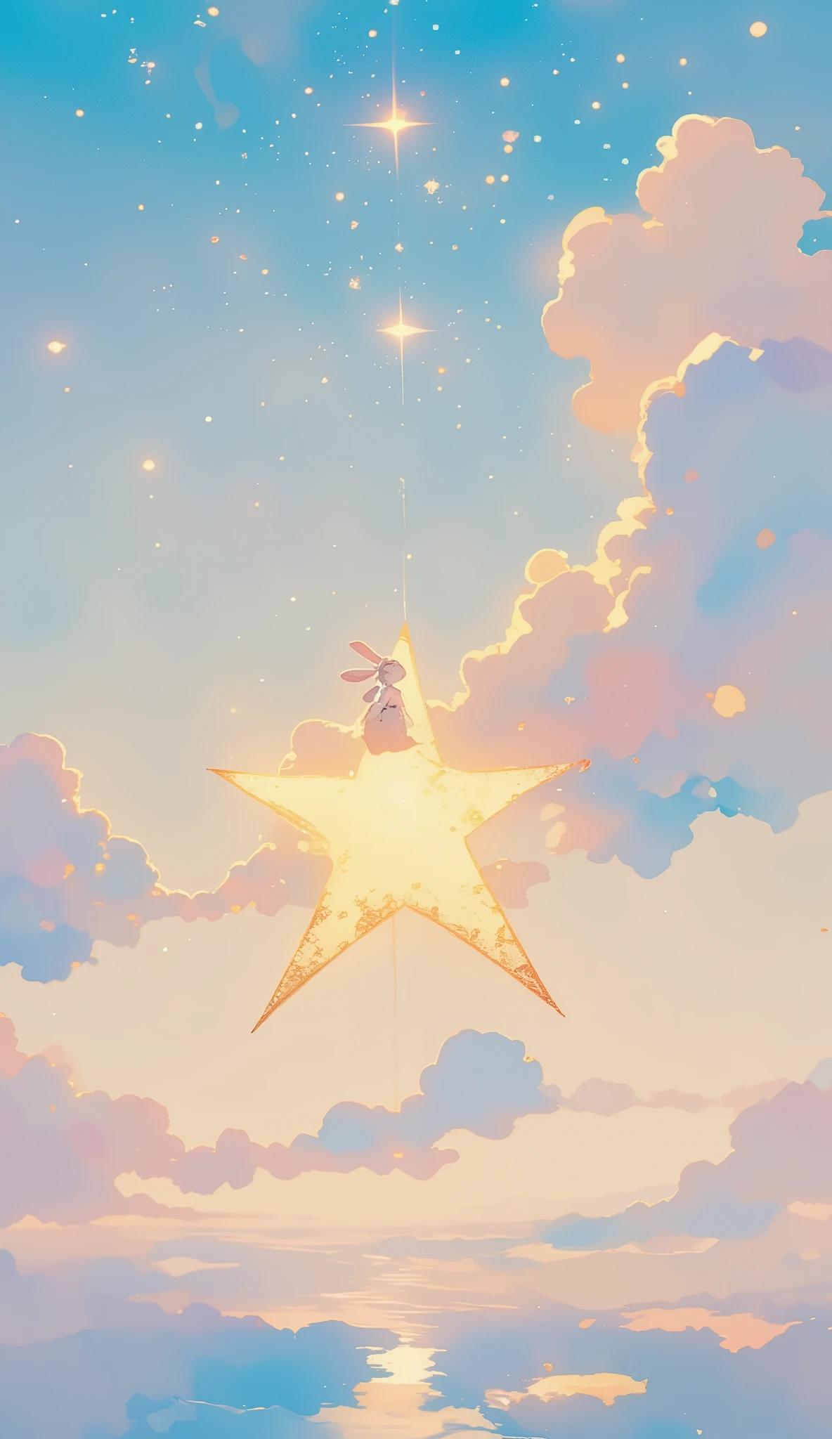 best quality :1.2、Masterpiece:1.2、Dream World、(((A Girl Who Rides on a Star:1.5、 rabbit girl 、Little Star :1.7、 It lives on 、 and can also be used as a LINE icon )))、 COMPLETE ANATOMY 、 It lives on 、 and can also be used as a LINE icon 、 picture book illustration 、 amazing、 watercolor、 pastel colors、Light color