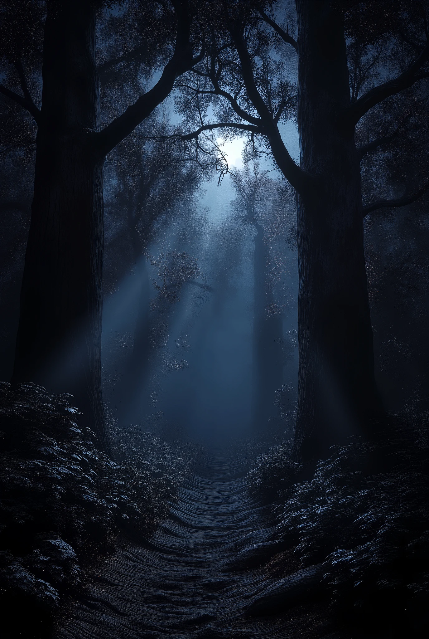 A misty forest at night, faint human footprints visible in the dirt path.