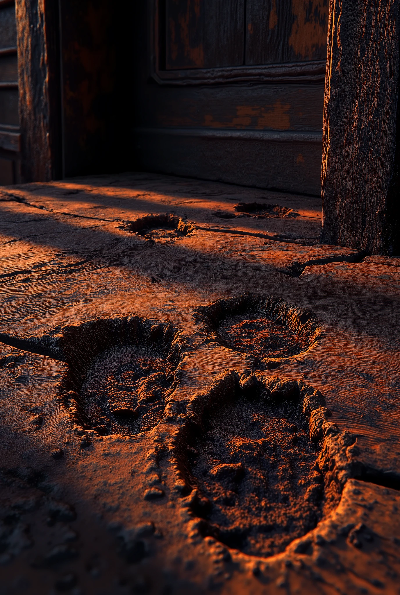 Close-up of muddy footprints on the porch with faint smudges near the door.