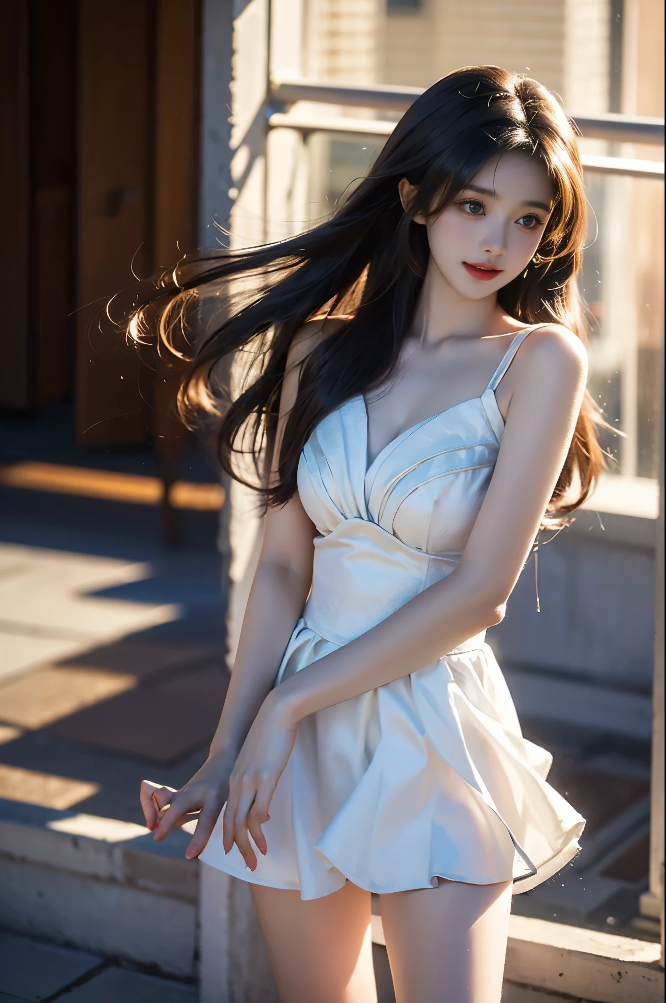 ((最high quality, 8k, masterpiece :1.3)), masterpiece, smile. 8K, Wavy Hair,((whole body)) (Beautiful, shiny brown hair), Sexy pose, (Wearing a mini dress), ((Big Breasts)), ((Background white)), Ultra HD, Smiling, (Delicate eyes), White skin, Earrings, High resolution生写真, smile, Nice body, 繊細でRealな肌, Gaze at the viewer, Beautiful white small teeth, high quality, Real, Fantasy, 最high quality, figure, Super detailed, In detail, High resolution, 8k wallpaper, Perfect dynamic composition, Beautiful attention to detail, ladies' fashion, Realなwhole bodyモデルの肖像画, From behind, 4K, Beautiful futuristic woman, Braided hair, Wearing a white jumpsuit, Standing on a balcony overlooking a fantastical futuristic city, SF, Aircraft flying in the sky, Perfect composition and lighting, Soft and beautiful light, Rim Light, Key light reflected in the eye, Bokeh Background, Picturesque, Konstantin Razumov, Vladimir Volegov, 3D, 超High resolution, High resolution