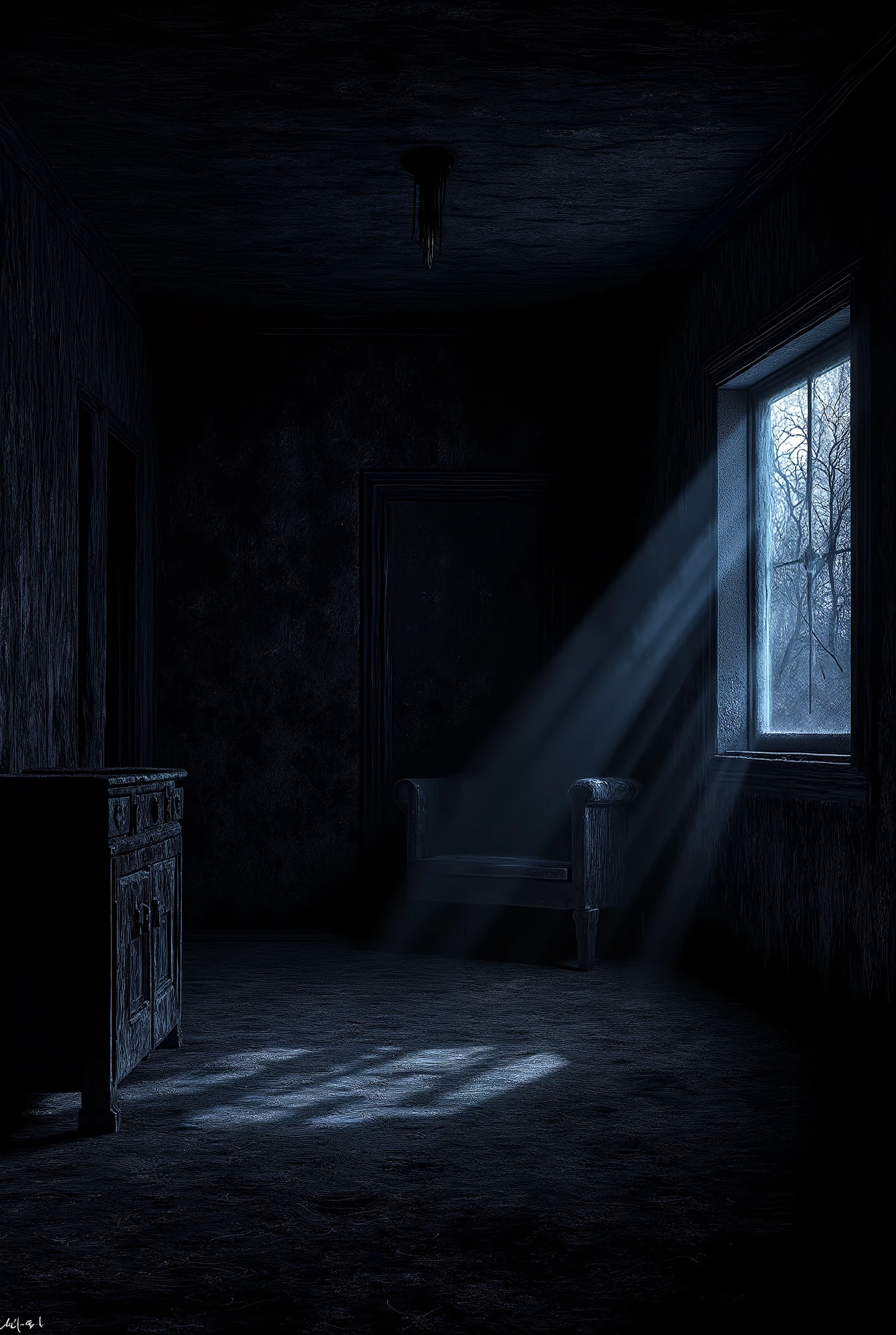 A shadowy interior of the cabin, with nothing visibly out of place.