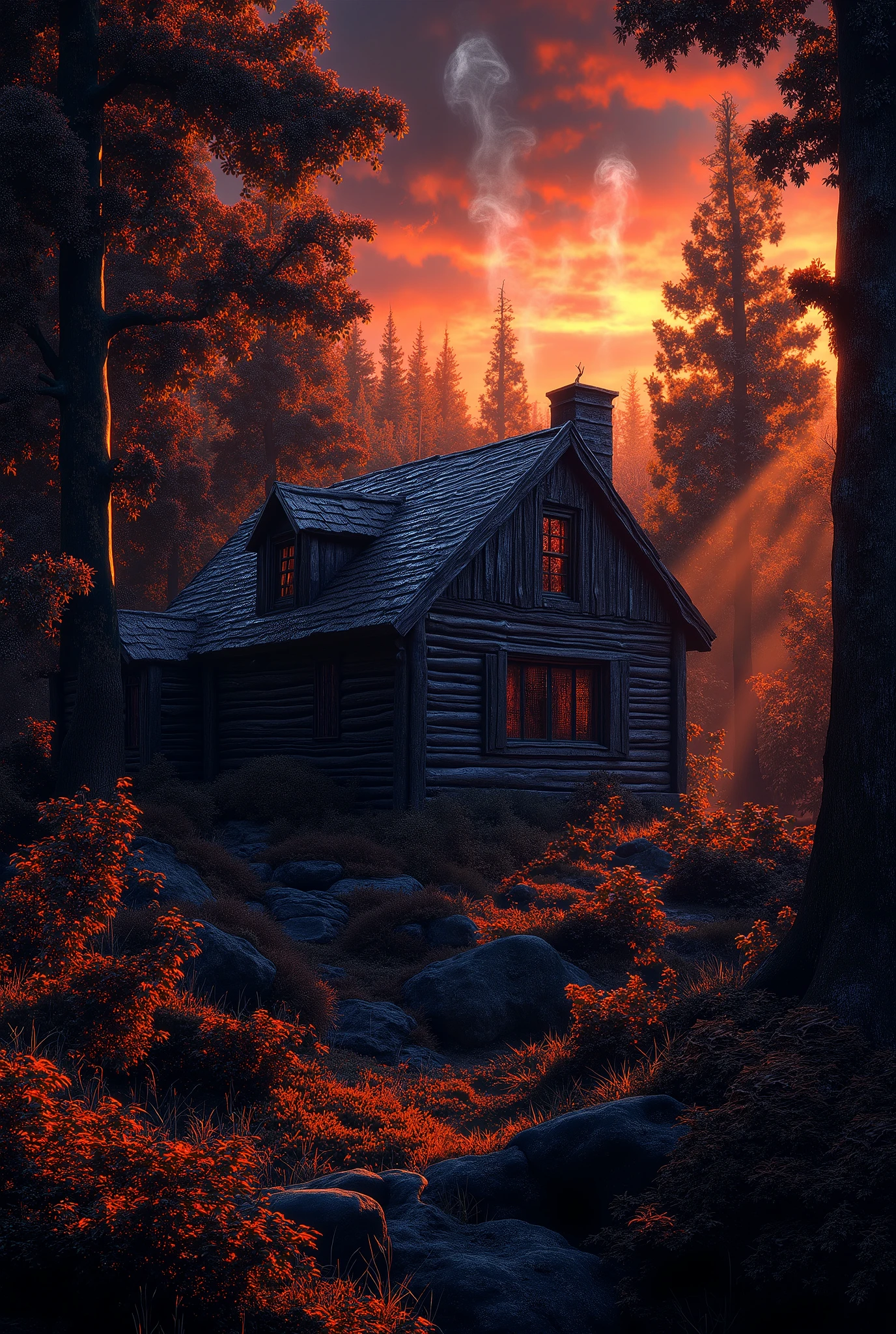 Wide shot of the cabin surrounded by woods at sunset, the light fading rapidly.