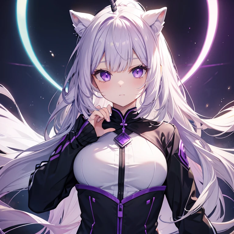 masterpiece, anatomically correct, super detail, high quality, highres, ccurate, 8k, 1 girl, purple pupils, cat ears, (((ancient China)), translucent skin, (translucent light purple with black tights), mechanical, cinematic HD lens, galaxy, nebula, universe, detailed background, facial details