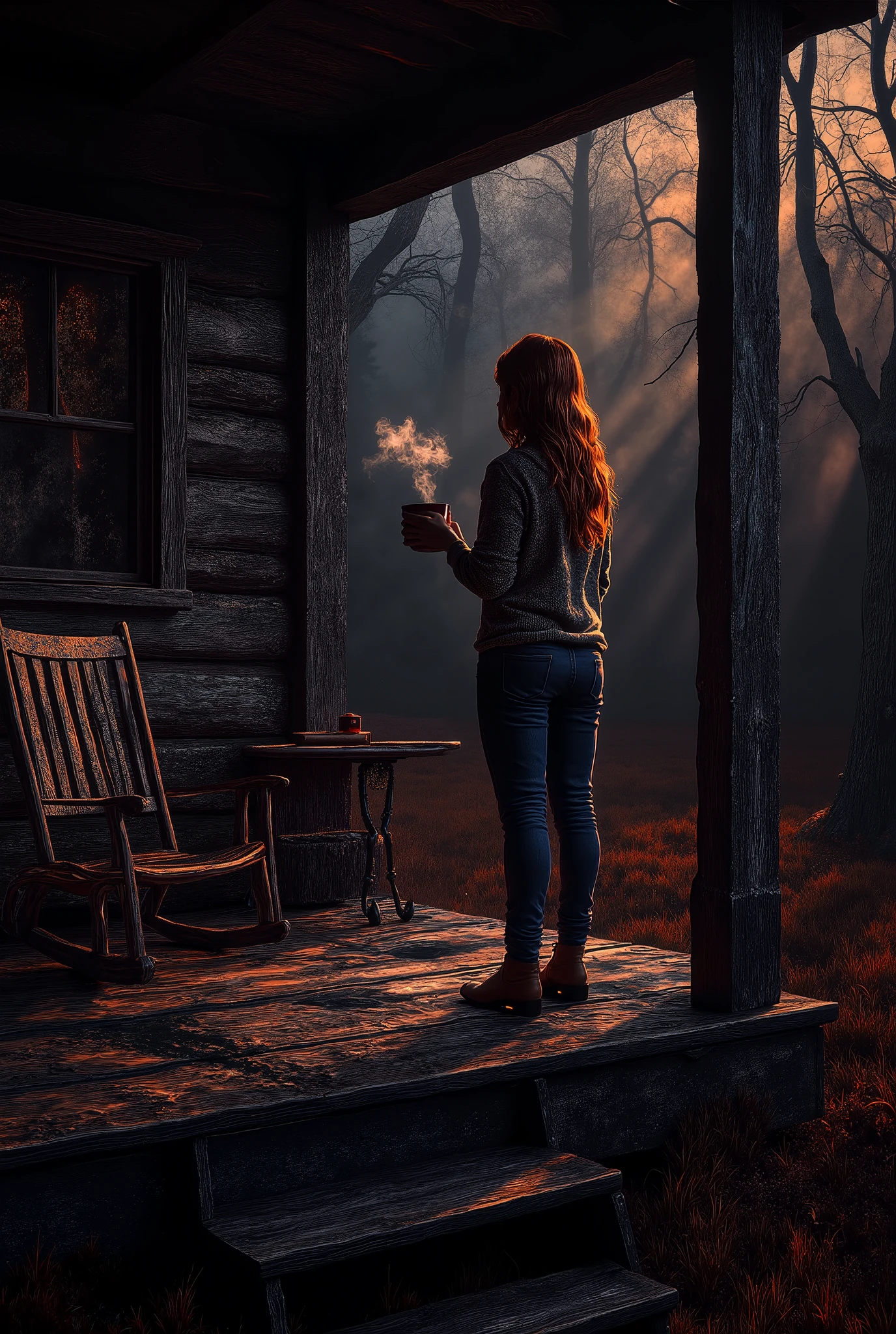 Lana standing on the porch holding a mug, the woods ominously dark in the distance.