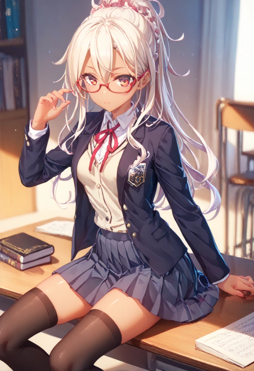    Hair, rpg, mucus,      smooth skin  ,  glasses ,     erotic pose, cut out, stockings,    medium chest  ,school uniform , tan, 4K,  hot girl, длинные  Hair