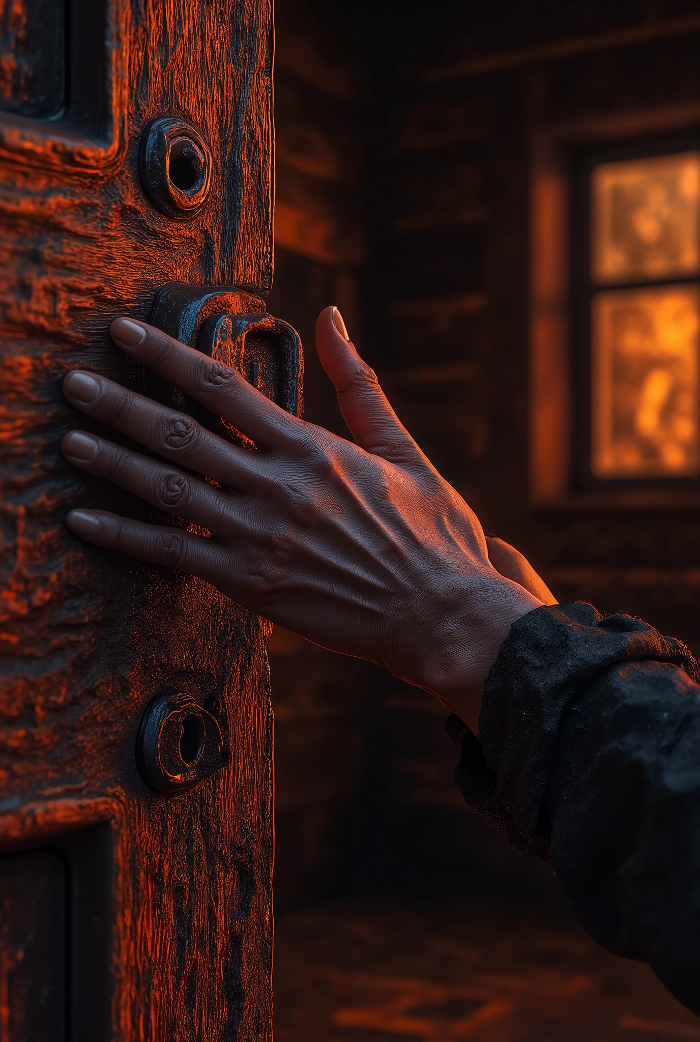 Close-up of Lana’s trembling detailed female hands locking the cabin door.