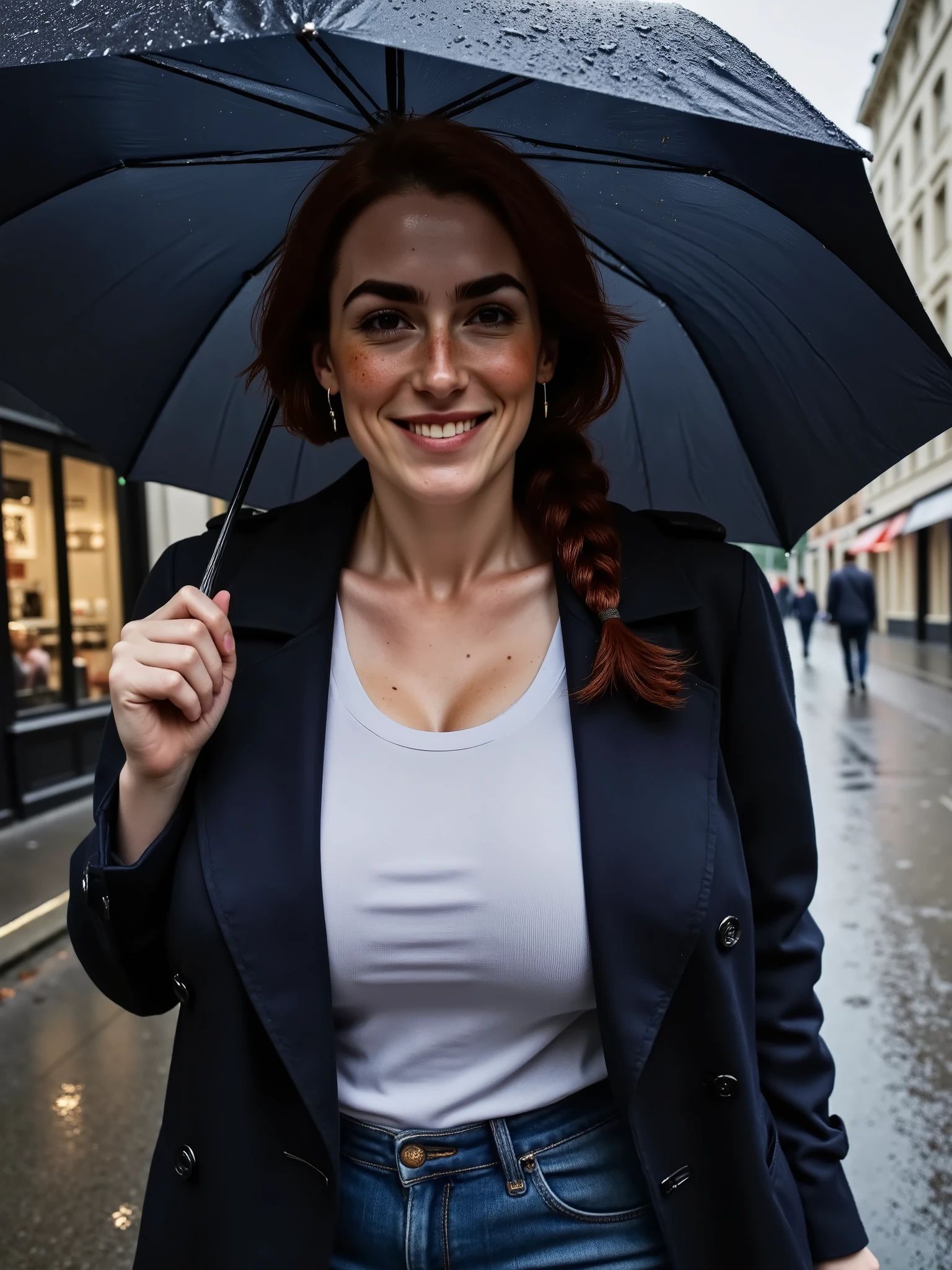 Photorealistic picture, cinematic style, a beautiful British woman. Happy smile, (dynamic posture). She has Brown eyes, downturned eye shape, light skin and freckles, she has a voluptuous figure. Relaxed braid hairstyle. She's is dressed in a dark blue trench coat. White t-shirt, jeans. Holding up an opened umbrella. walking along a rainy street in London. Late evening, dark. rain falling, puddles of water on the street. Grey.perfect hand,HDR, intricate details