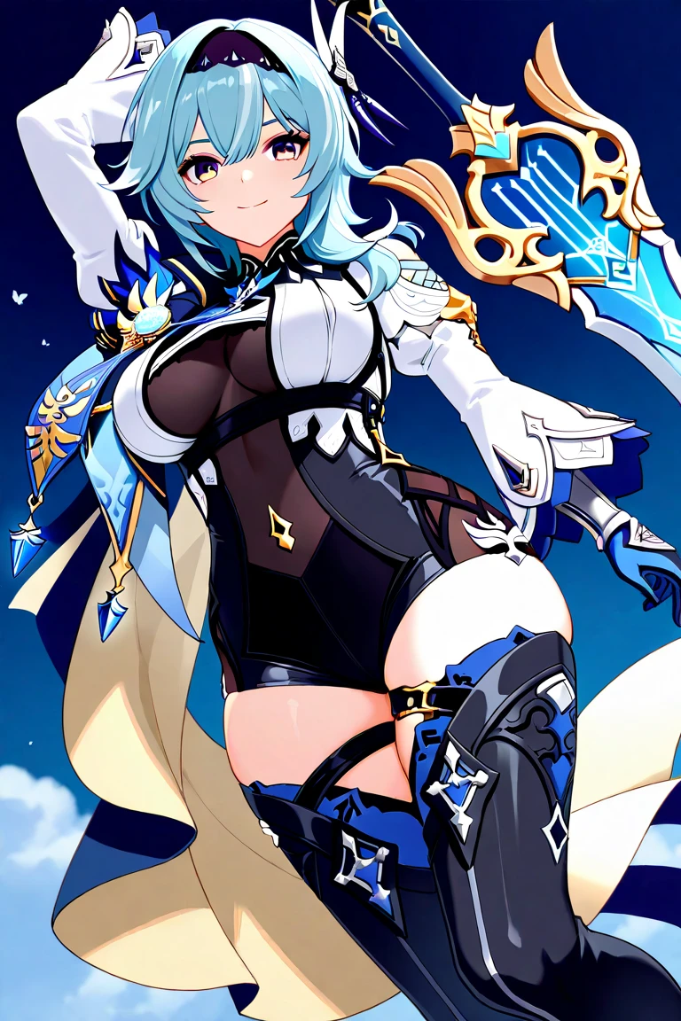 highest quality、unity 8k wallpaper、32k、masterpiece、Very detailed、Ultra-high resolution、Very detailedな顔、RAW Photos、Professional、Ultra-fine painting、Solas Sinon、light blue short hair、Headset with sight on right eye、Sky blue eyes、Blue magical girl costume、Deep indigo ribbon and large sapphire brooch、Flat Chest、White pleated skirt with blue lines、Blue and white long gloves、Indigo thigh-high stiletto heel boots with gold molding、