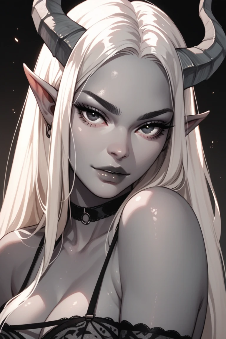 A tiefling, grey skin, hair covers the face, sexy , black eyes, gray horns, black forehead