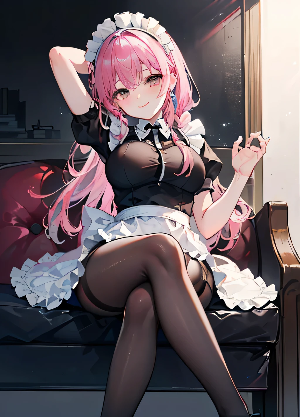 highest quality, masterpiece, ((1 girl:1.5)), ((smile:1.3)), (blush:1.3), Black Shirt, blouse, ((fun!!)), (Small breasts), Blonde, (Long sleeve), ((White apron:1.5)), ((Maid)), ((hair ornaments)), Kamimei, look at me, ((in house:1.5)), Taking a break from watching the audience, ((spread legs:1.5)),, (Highly detailed pink striped panties:1.3), (Highly detailed panties:1.3), ((Panties fully exposed:1.5), Light blue eyes, long hair, Glowing Eyes