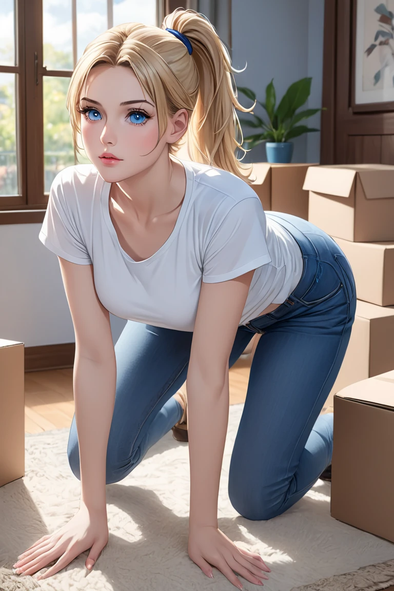 ((ultra quality)), ((tmasterpiece)), gnome girl, Short stature, ((blonde woman, hairlong, braided)), (silver ear rings), (silver necklace around the neck), (Beautiful cute face), (beautiful female lips), Charming, ((sexy facial expression)), is looking at the camera, eyes are slightly closed, (Skin color: white), Body glare, ((detailed beautiful female eyes)), ((dark blue eyes)), (juicy female lips), (beautiful female hands), (A bit full figure, bun), ((perfect female figure)), perfect female body, Beautiful waist, Gorgeous hips, Beautiful medium breasts, ((Subtle and beautiful)), seductively worth it (Rear view), ((( 5 toes, black toes nails, tied ankles together , tied arms , Focus full body, with no shoes))),, (wearing blackface jeans, white tanktop) background: on the threshold of the house, Hot day, ((Depth of field)), ((high quality clear image)), (crisp details), ((higly detailed)), Realistic, Professional Photo Session, ((Clear Focus)), the anime
