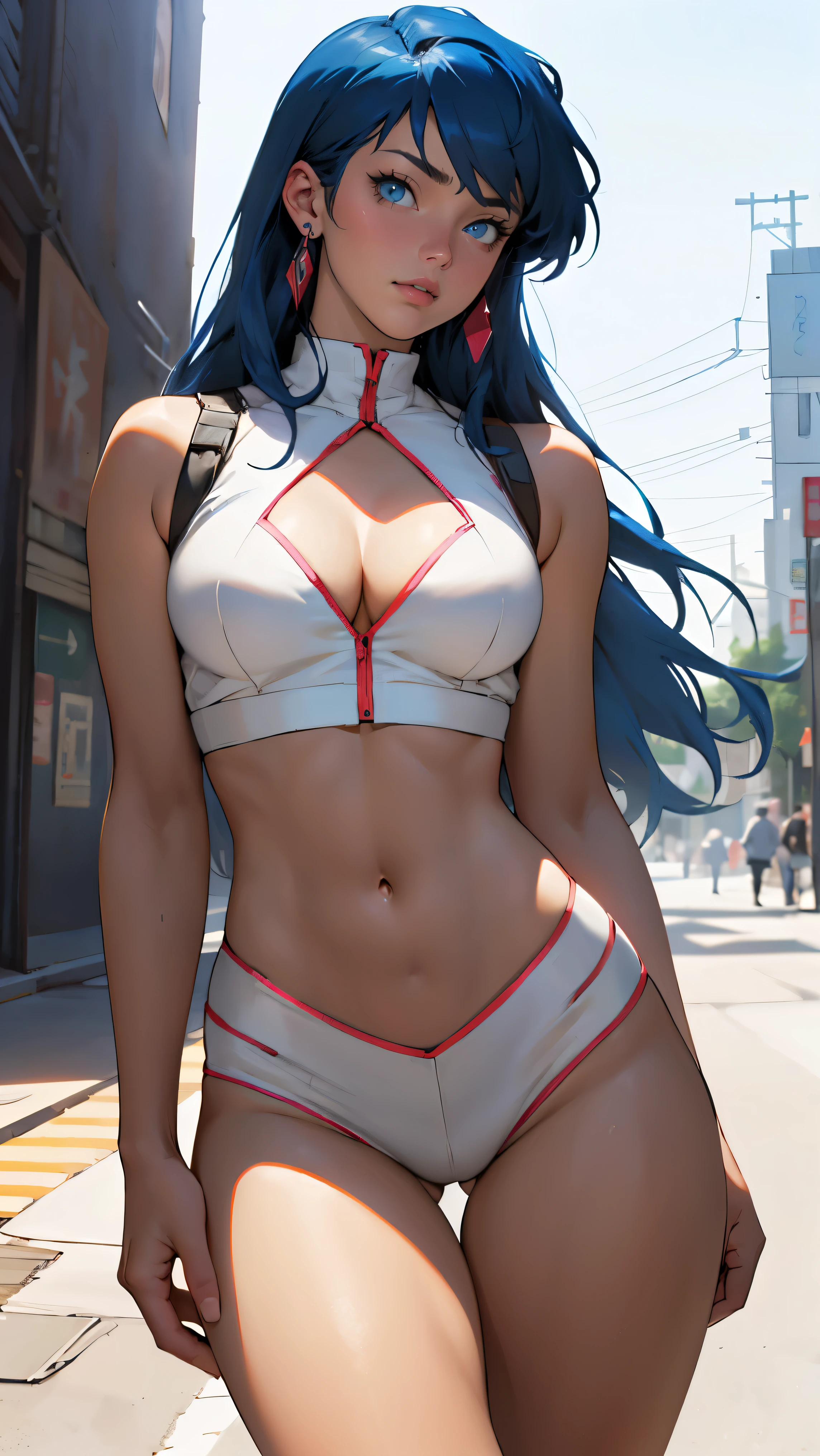 chaesu-minah, 1girl, solo, white crop top, sleeveless, cleavage, medium breasts, athletic body, ((panties, panty straps:1.2)) hands on hips, blue eyes, blue hair, 8k, high resolution, shallow depth of field, high detailed, in the street, masterpiece, best quality, highly detailed, fox girl, fox ears, fluffy blue fox tail,