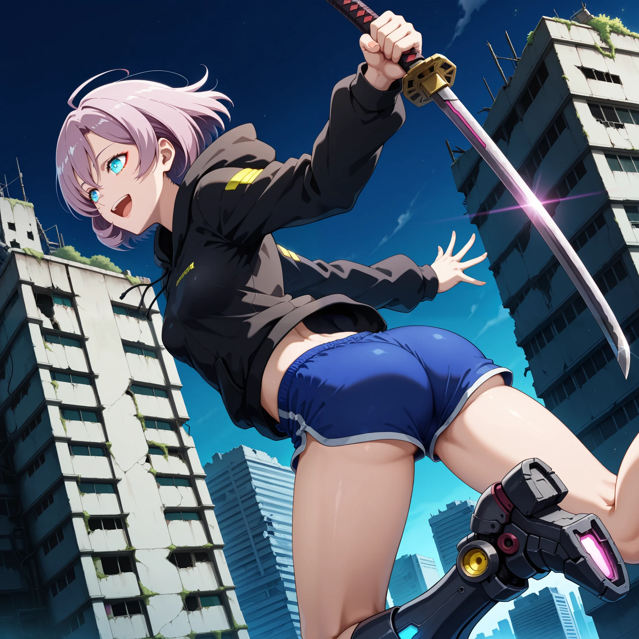 score_9, score_8_up, score_7_up, (Niio Asakura style, MUJINA INTO THE DEEP), (Cyberpunk, post apocalypse), (1girl, solo), (balck short hair, bob cut), glowing blue eyes, (black hoodie, small breasts), (blue dolphin shorts, small ass), holding katana, (slender legs, huge high-platform mechanical boots), (laughing crazy:1.2), BREAK in the building district, (Parkour, jumping from building rooftop, dynamic angle)