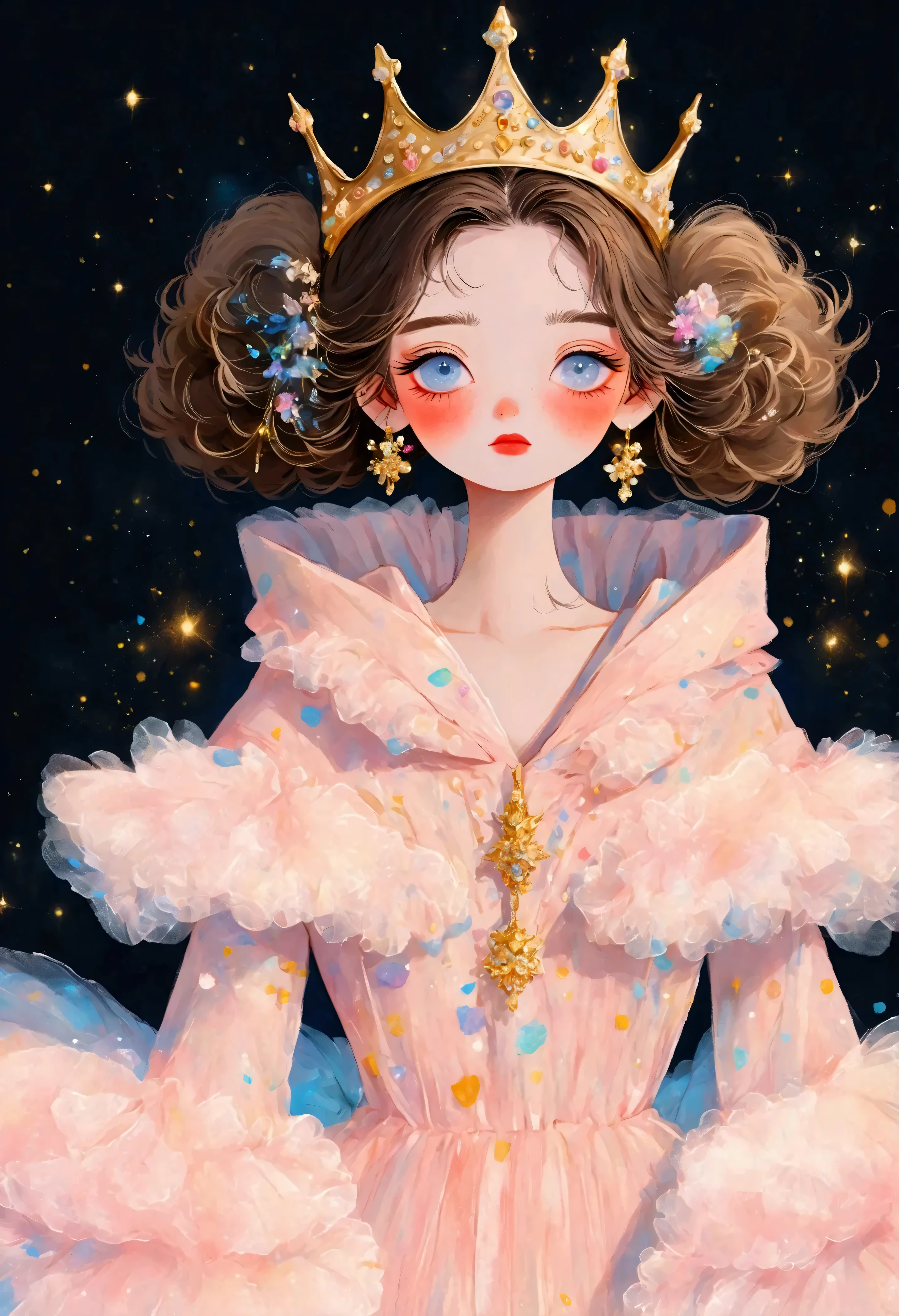 Pastel Art :1 beautiful and elegant girl,Gold crown, hoodie tulle dress,Exaggerated Sleeves ,Fluffy,Fluffy白色薄纱,Dark Background