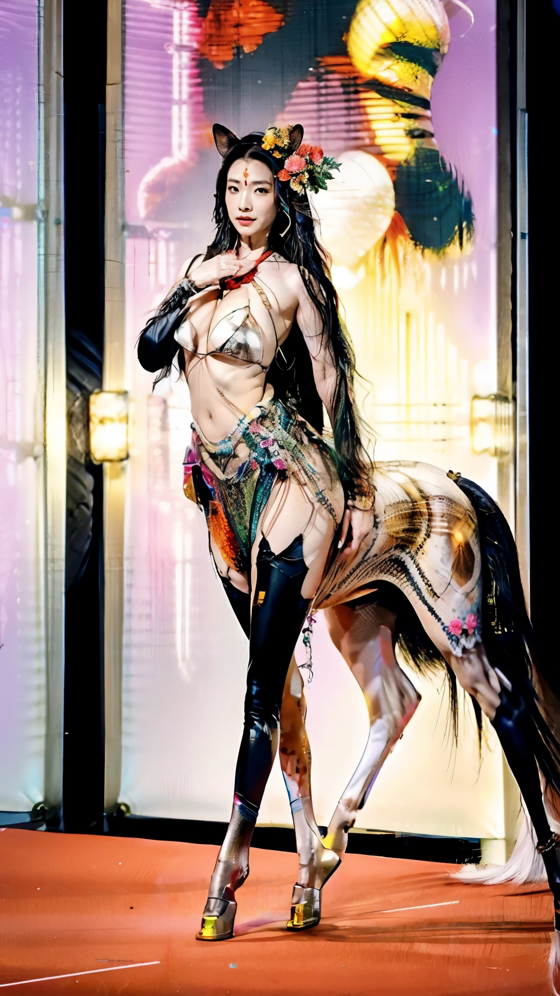 In the illustration of this super-grand scene,We enjoyed a fascinating sight,The various characteristics of the multiverse converge to fill the picture with brilliant colors。In this intoxicating scene,Our camera captured a mysterious(Centaur,Half man, half horse:1.875)Dancer,She was half-dressed,Graceful,Dance on the water。Her magic dance has many different styles of movements,And keep changing her clothing style,Blend in with the beauty of the surroundings,Adds an unpredictable charm to the whole scene。Dancer的舞蹈令人陶醉,Her rainbow cape flutters behind her like wings。This cape consists of different styles、color、Made from small parts of materials and styles,The extremely long train is gorgeous and elegant。Her dancing trajectory is accompanied by the glare effects of neon lights and magical stars,Blend in with your surroundings,Creates a stimulating atmosphere for the senses。Dancer拥有超高挑的身材和弧度超大的爆炸的曲线,Her body features are full of seductive sexiness。Her physical appearance includes::Mysterious K-cup Sizes(Super huge teardrop-shaped breasts:2.625)The bulge squeezes the tight plastic bra out of shape、Narrowed sternum and waist and abdomen、Charming face、Huge colored eyes of Carslan are troublesome and charming、Makeup、Slender neck、Beauty collarbone、Slender arms、Slender waist and abdomen、Round buttocks and slender long legs,Showcases attractive curves and lines。Use Midjourney's advanced brush tools、Color palettes and texture packs,我们为Dancer的面容、skin、Costumes and rainbow capes give intricate textures,增加了Reality的同时再次(Increase the super-giant teardrop chest contour multiple times and use optical effects to highlight the huge feeling:3.3),She also made her costume and cape blend different materials,Show a variety of styles,From evening gown、To the princess dress、Then to the light gauze dress、Or medical care、Ninja with Fishnet、and Urban Beauty,Full of creativity and fashion,It also makes the whole scene full of dreamy elements,There is an atmosphere of futuristic technology in the starry sky,There are towering cities in the ground,The floating bubbles are shining with neon runes,There are long beaches and small islands on the sea,Plants and fairy tale mythological scenes are intertwined,并让Dancer的舞姿与环境元素相互呼应,Creative。Through Midjourney's powerful tools,We approach it with incredible detail,Bring this grand and ethereal scene to life。整个插画充满了Reality和震撼力,是一幅具有Masterpiece quality和最佳质感的作品。Large wide angle,Ultra-telescopic lens, hdr,(Reality,Masterpiece quality,Best quality),