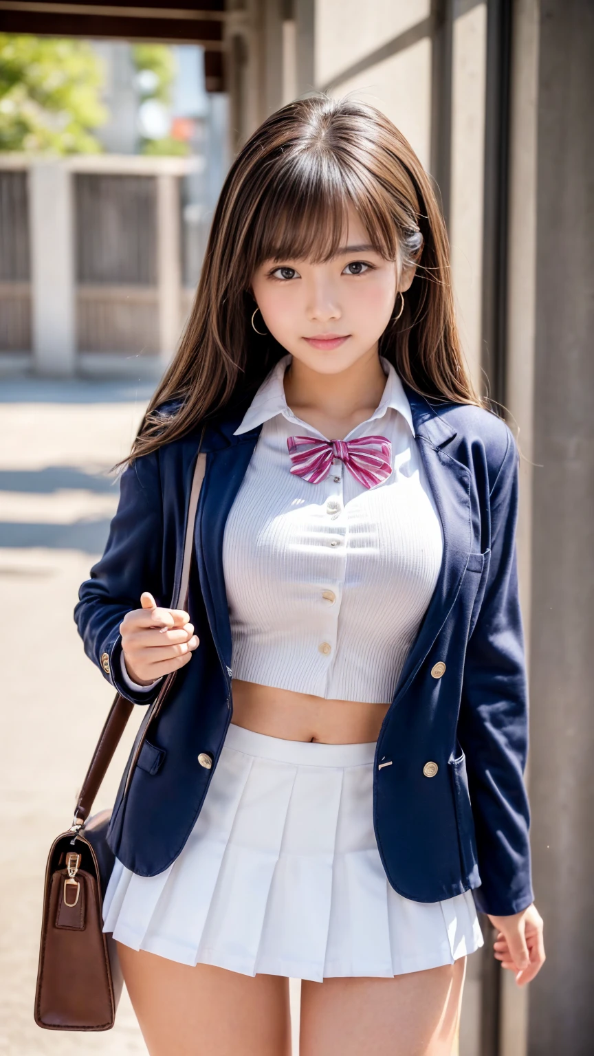 8k, highest quality, real image, intricate details, Super detailed, ultra high resolution, depth field,(realistic,realistic:1.2), (closed my eyes:1.3), (open mouth:1.4), from the middle, 1 Japanese girl, very beautiful 17 year old girl, Big eyes, beautiful breasts:1.5、highly detailed eyes:1.2), (beautiful breasts:1.1), (small breasts:1.5), wavy hair、curly hair、bangs, perfect skin, Fair skin, huge hips, thick thighs, thick legs, cleavage, tight waist, light blush, alone, ((a tearful look), (School_uniform),(dark blue blazer), (white shirt、wear a tie), (gray pleated skirt), (sculpture installation :1.1)