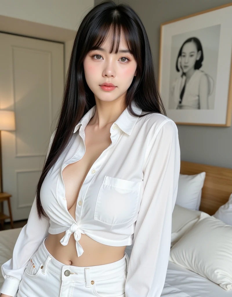 top Quority，Ultra-clear resolution,  ((Beautiful Chinese aunt).   Body.   Sexy.   Slim.   Thin.   Captivating.   Natural face.   No lipstick.   Messy Bun.   ( no Earrings-Earrings).

((Micro panties)),   ((breasted button-up. pajama sleep shirt)),    long legs_full body.    Pose.erotic.    sit down.     On bed