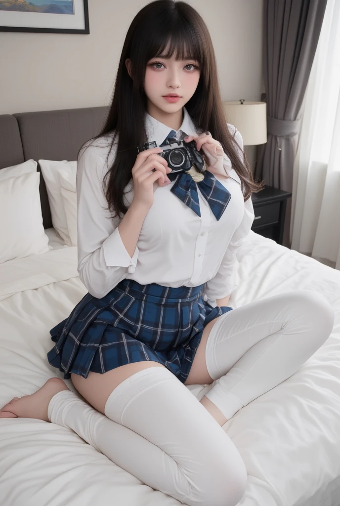 Alone、 Natural Body Shapes、   white skin、 Natural Cosmetics   、   black hair、bangs、    long straight hair 、、(expensive  、barefoot、   white blouse 、 blue plaid pleated skirt to cover white pants)、、(   open leg :1.3)、((  and my upper body is wearing a uniform))、((((( camera )))))、(((whole body)))、((( Beautiful eyes showing my thighs    )))、bedroom、   on the bed、   、((   Is the crotch  ))