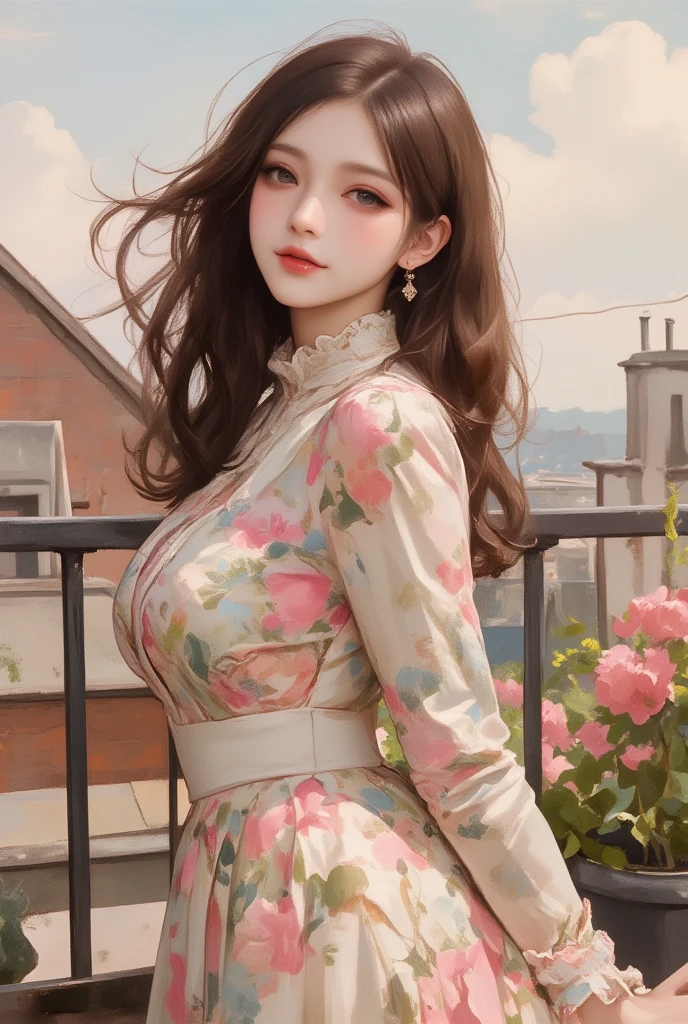  1 girl,Performance\( bewitching smile, half-closed eyes,confident\), Graceful posture,  long sleeve dress, High collar, Intricate floral pattern,   flowing hair , background\(Rooftop garden, Steel fence ,  Soft Pastel Lighting , Blooming flowers々, Delicate Shadows\),  Art Nouveau Style, Watercolor style,  best quality , 