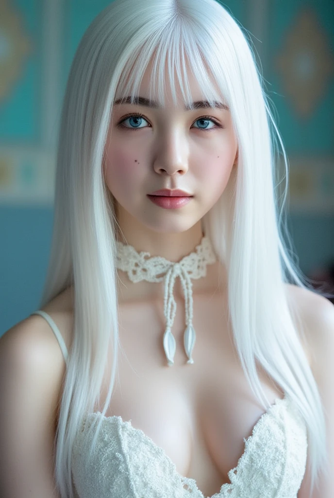 ((high quality)),table top,(Detailed depiction of local details:1.2),1 Japanese girl,(plump breasts:1.3),Enchanted Valley,closed mouth,eyelash,looking at the viewer,portrait,alone,Upper body,gray hair,white theme,short hair,silver hair,Yoruhano. 2 Type B,